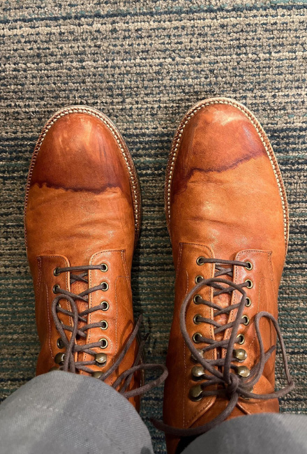 Classic water stains on light coloured leather shoes, where the toes were soaked and not the rest of the shoe, resulting in this really bad streak and change in colour. Picture: Stridewise