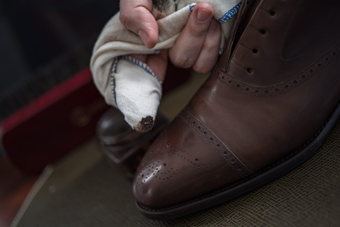 Shoe cream in a similar colour as the shoes is the best way to revive and remove stains on smooth full grain leather.